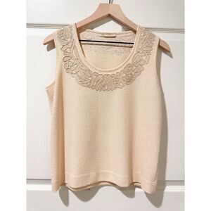 VTG St. John Couture Luxury Ivory Waffle Knit Gold Embroidered Scoop Neck Tank S